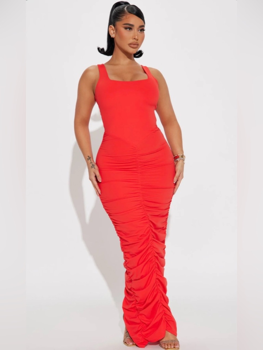 Fashion Nova Bridgette Ruched Maxi Dress | XS | Tomato Red